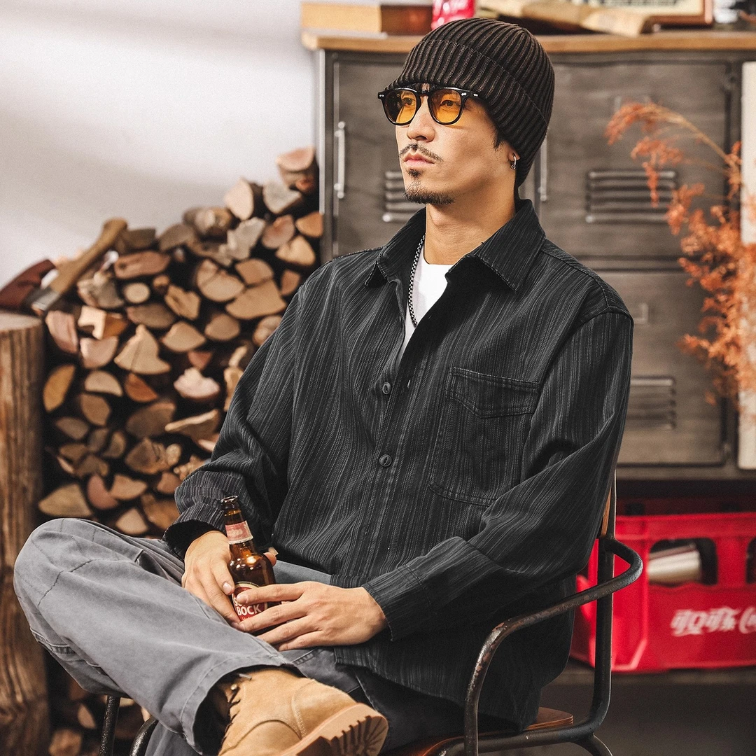 美式复古重磅衬衫外套男秋季新款美拉德高级感百搭条纹长袖衬衣男