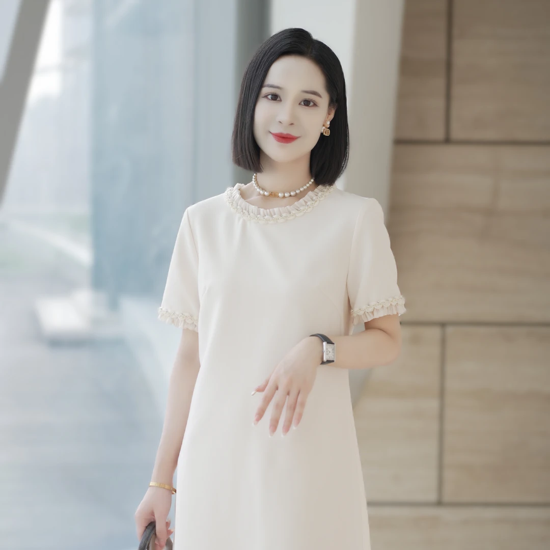 罗美拉 夏季法式高级感赫本风圆领重工钉珠显瘦连衣裙#813