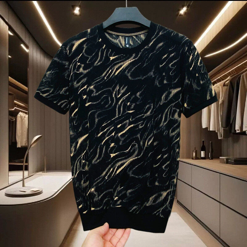 夏季薄款透气网红短袖T恤潮高级感冰丝修身弹力百搭奢华凉感半袖