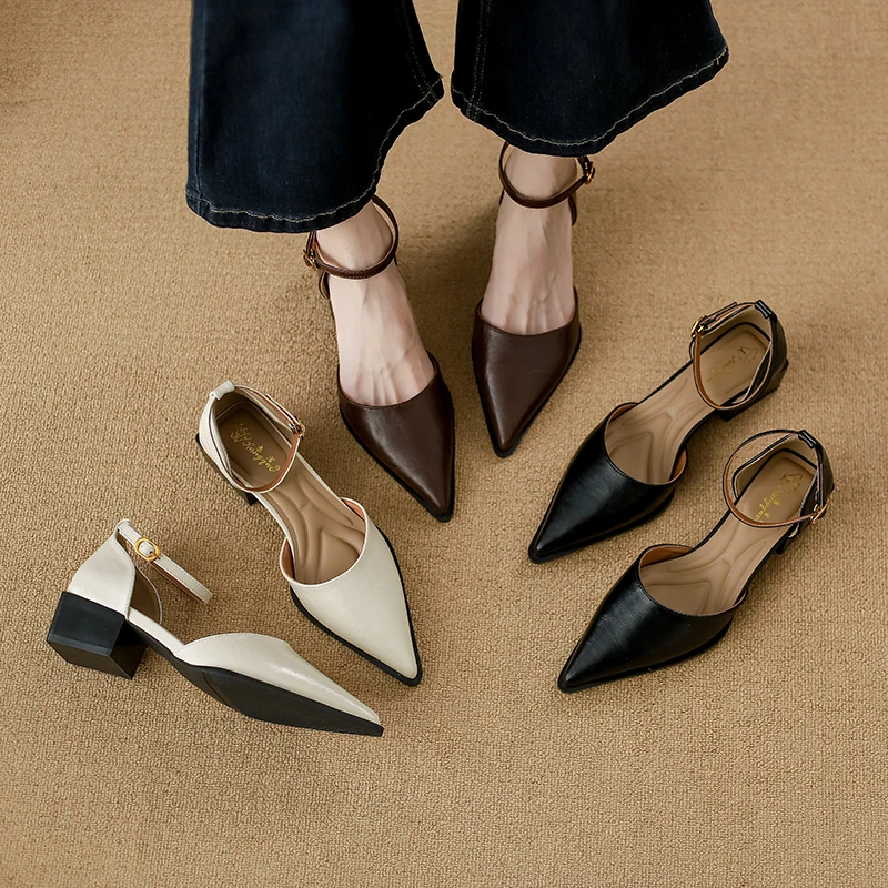 尖头真皮百搭鞋子浅口玛丽珍鞋单鞋夏季跟鞋凉鞋春夏气质真皮女鞋