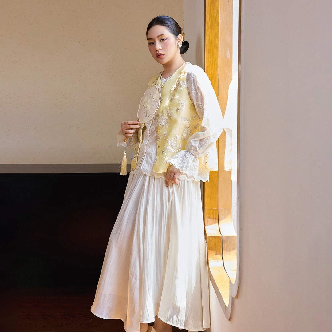 PLUSMALL 月笼轻纱 亮丝珠光玻璃纱仙气度假风松紧半裙PM2503117