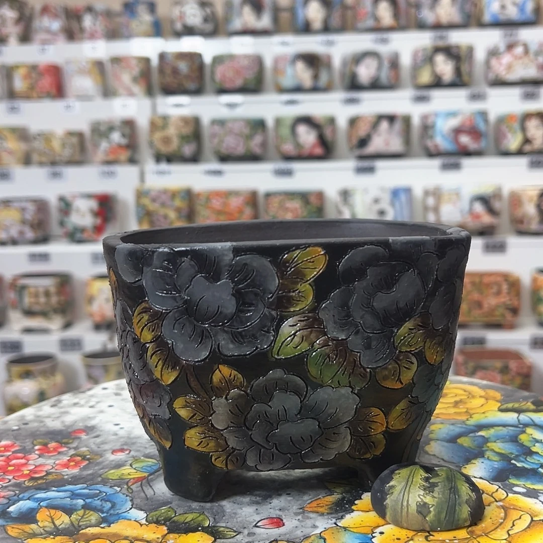 手绘陶瓷花盆口长13.7宽12
