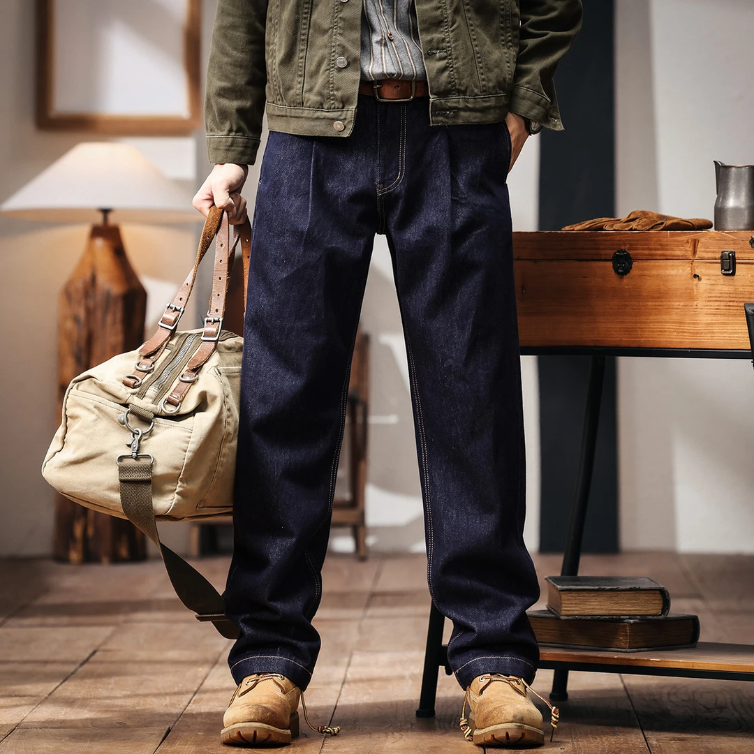 格蓝鹿美式复古丹宁水洗牛仔裤男夏季潮牌宽松直筒锥形宽松长裤子