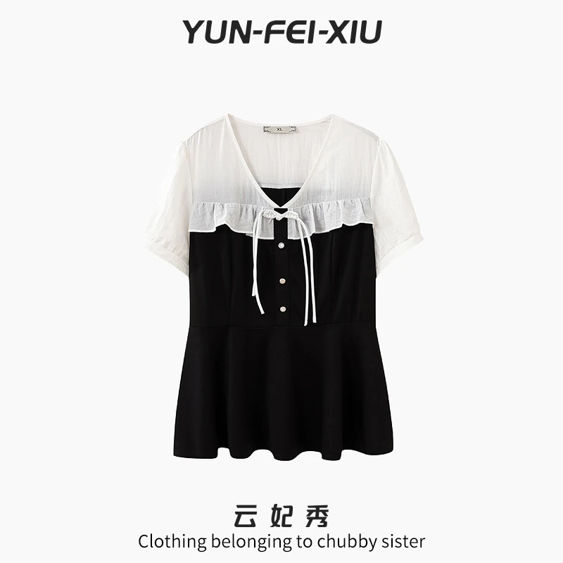 云妃秀大码女装衬衫时尚休闲气质减龄百搭显瘦通勤短袖上衣夏007