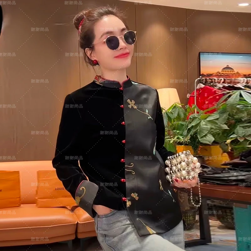 时尚丝绒缎面福气蝶刺绣衬衫女2025春季立领拼接气质复古国风上衣