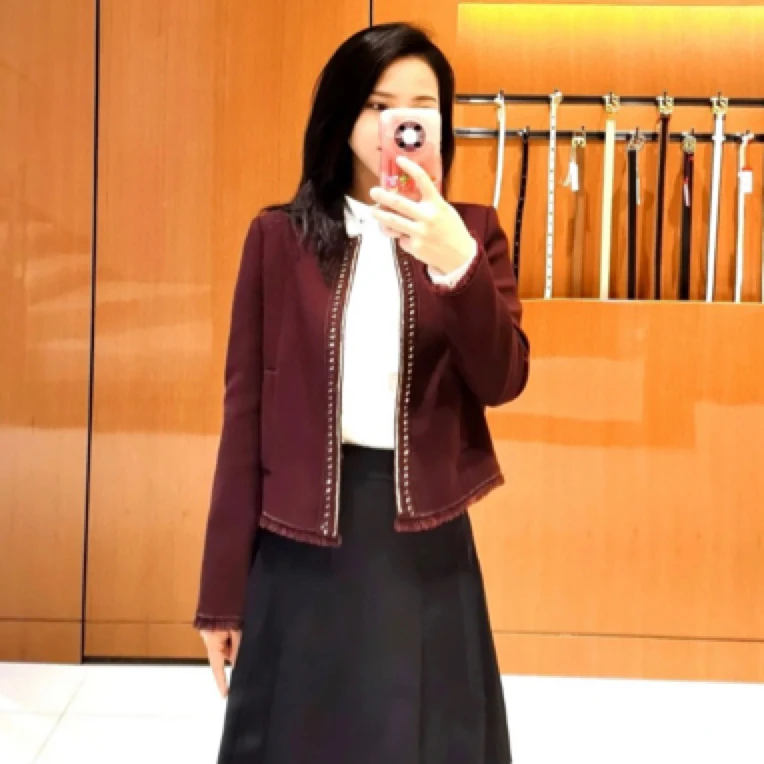 【丹丹】优雅气质圆领小香风双面肌理羊-毛酒红色短外套Y2552