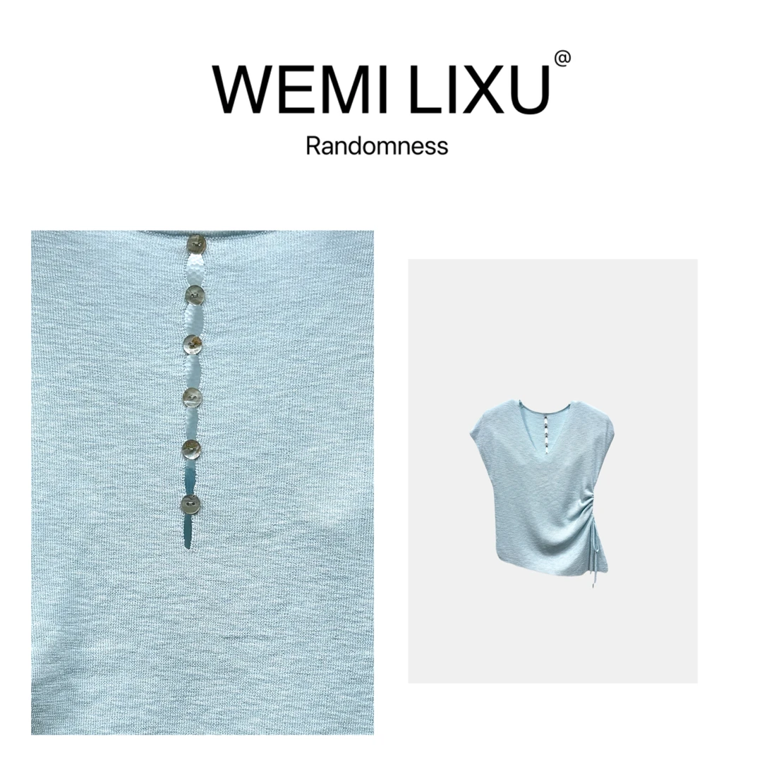 WEMI LIXU“巴黎印象”春夏时尚百搭抽绳V领女装修身短袖针织衫9090