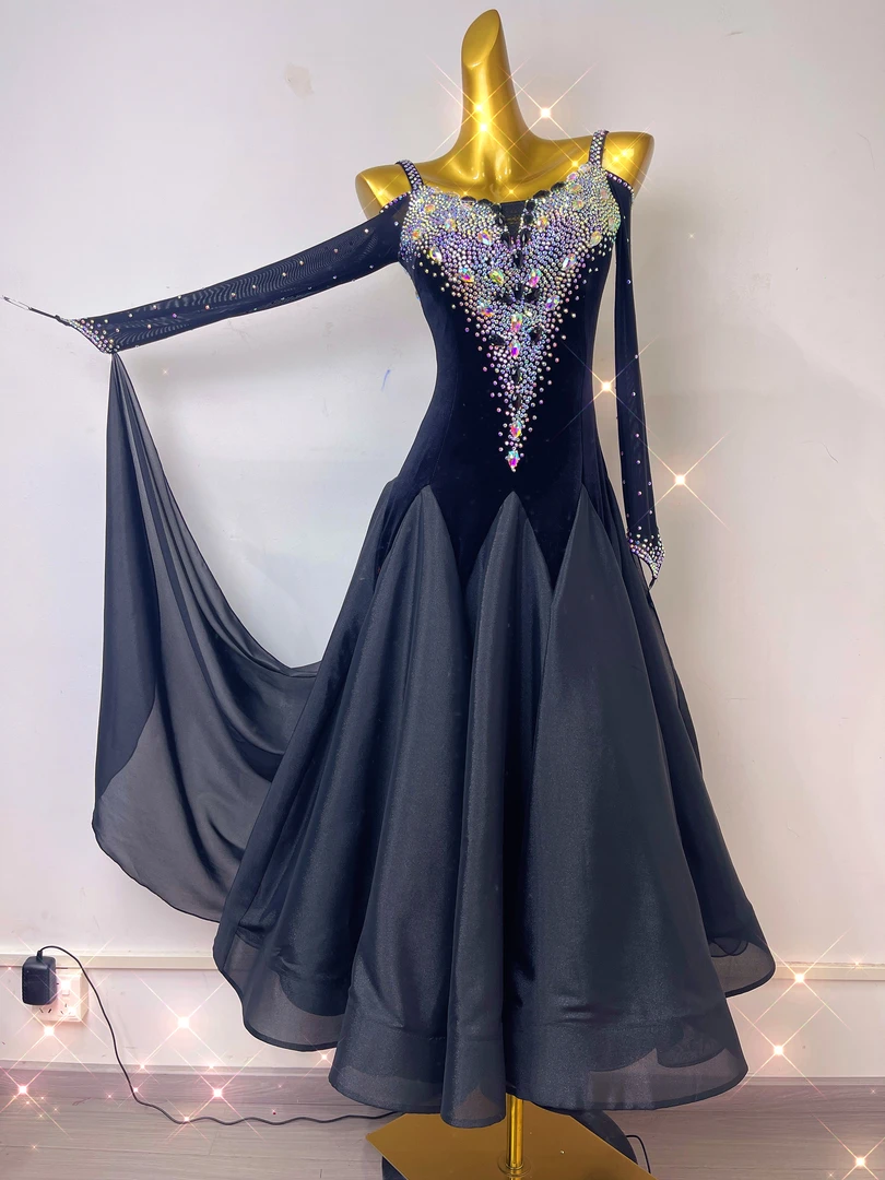 舞依阁定制新款黑色珍珠丝摩登舞国标舞比赛服表演服华尔兹交谊舞