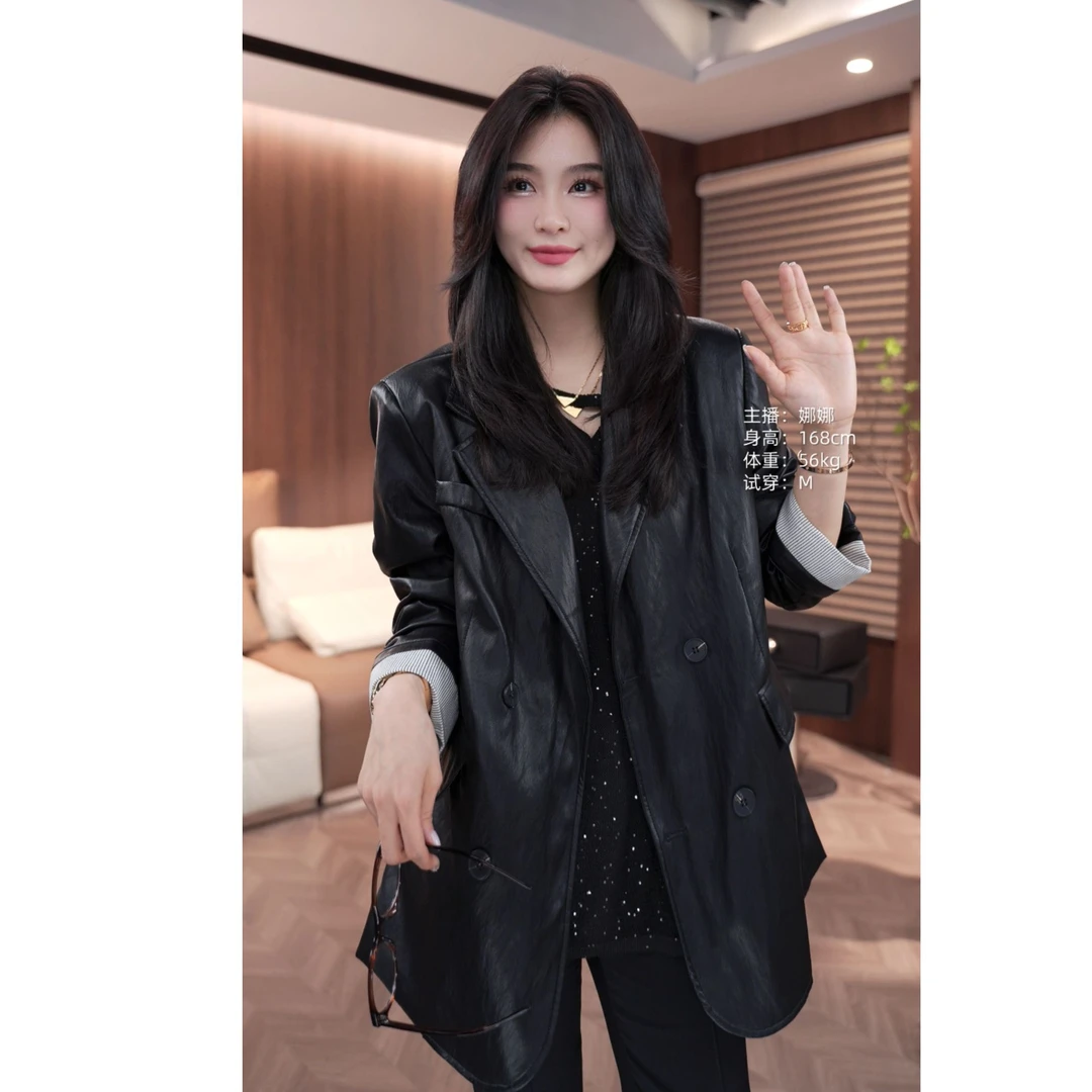 [麦霓严选]高级感复古西装皮衣外套9058