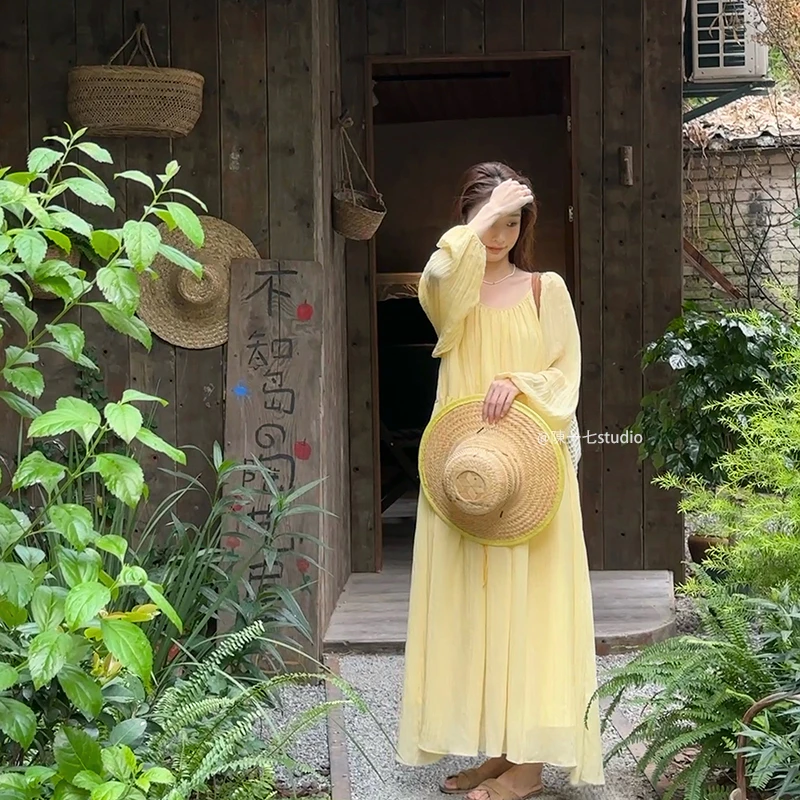 陳一七【薄雾山樱】法式温柔慵懒气质甜美大裙摆漏背连衣裙长裙女夏