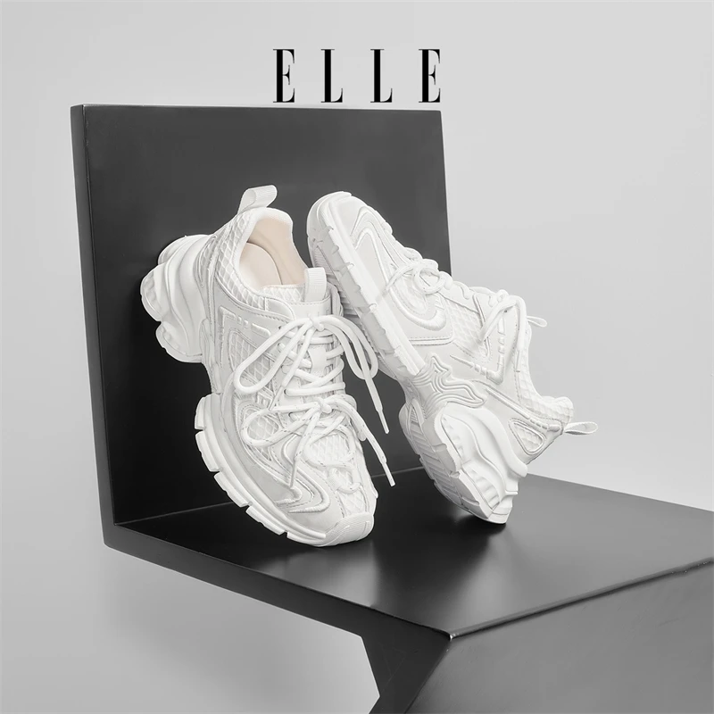 ELLE厚底显脚小老爹鞋女2025夏新款网面透气运动休闲鞋百搭跑步鞋