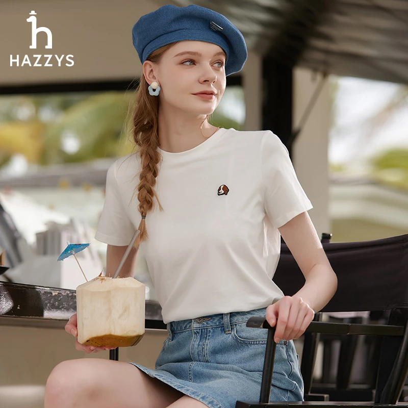 【PHIZ】Hazzys哈吉斯夏季女士纯色圆领短袖T恤潮流休闲女装上衣