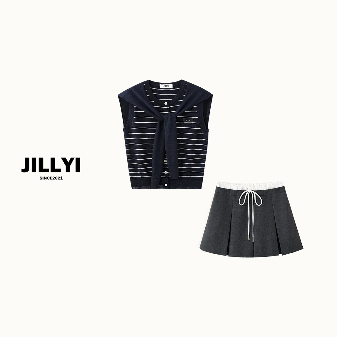 JILLYI【条纹夏日】+【纯色时光半裙】条纹海军领上衣+深蓝百褶裙套装