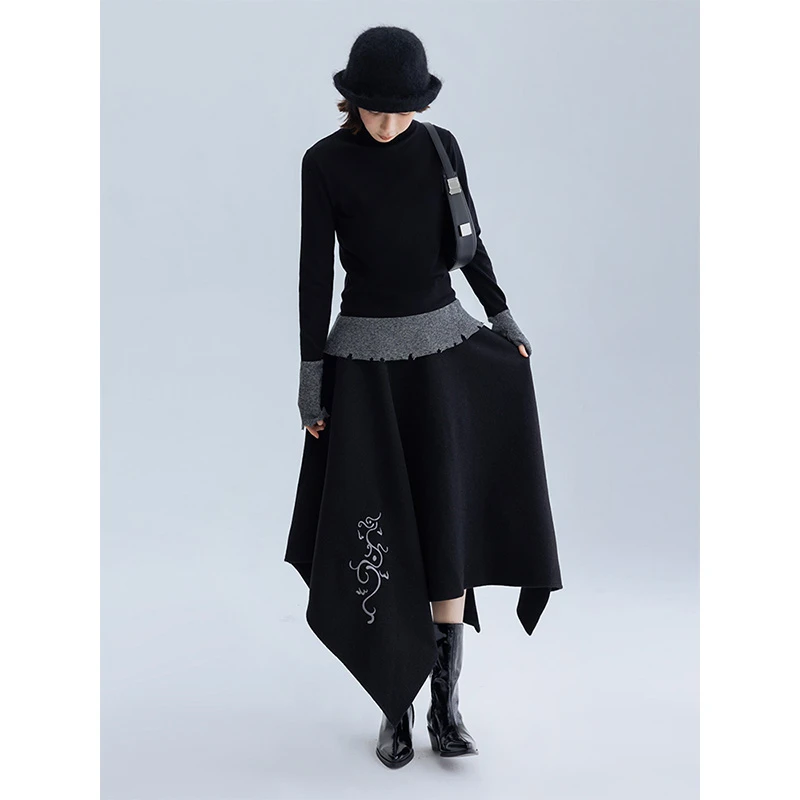 龙纹刺绣 不规则下摆半身裙秋冬松紧腰伞裙-黑色