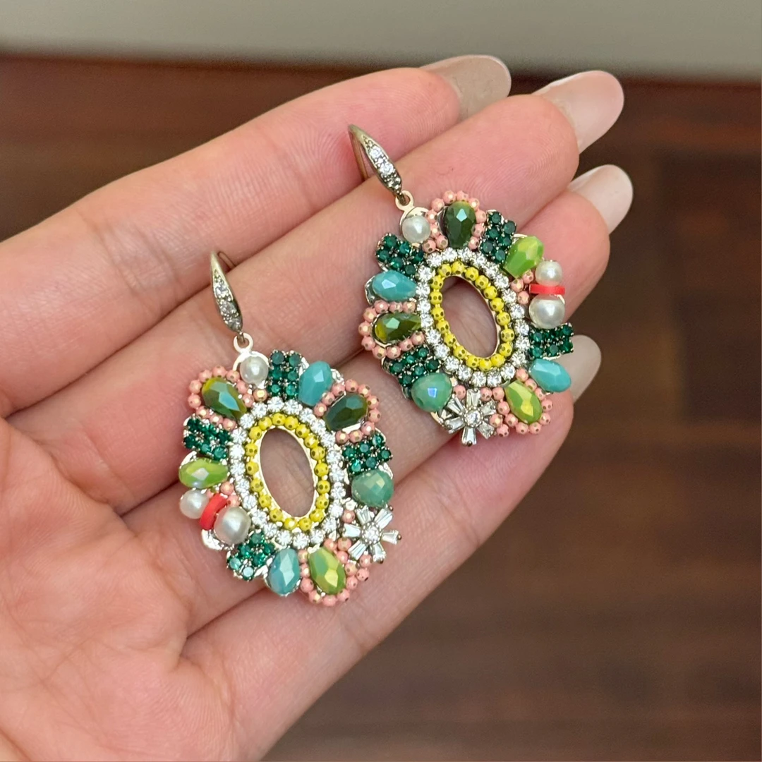 合金仿水晶耳饰 E0613耳饰南美米珠蓝白花朵耳环古风设计师