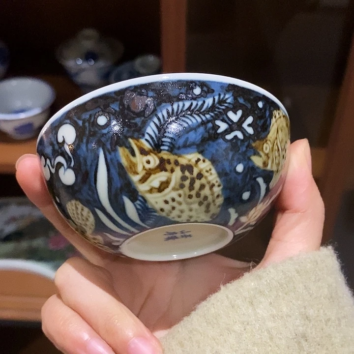 陶摆件青花釉里金普洱鱼藻