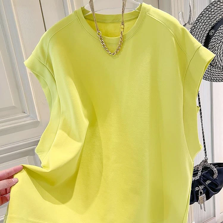 松弛感多巴胺芥末绿飞飞无袖短袖女t恤2025新款夏季宽松欧货上衣