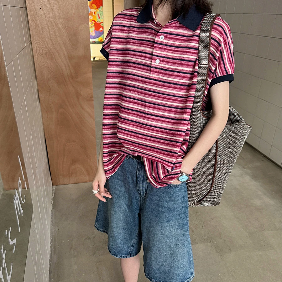 黎诺夏季新款条纹半袖翻领短袖t恤女2025宽松显瘦短袖POLO衫上衣