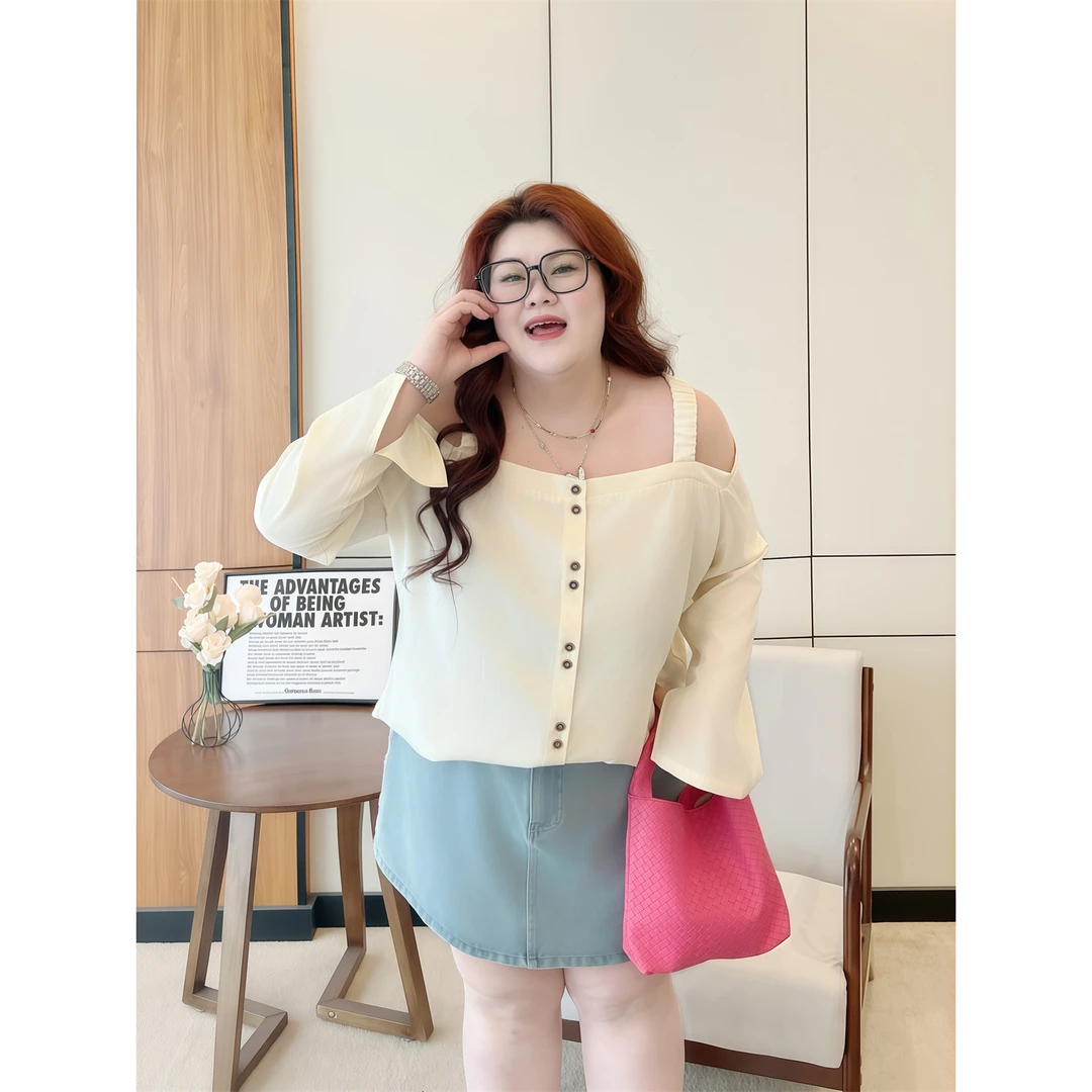 断码捡漏~埃克苏佩 / 甜辣露肩一字肩领衬衫女14211花契大码胖mm