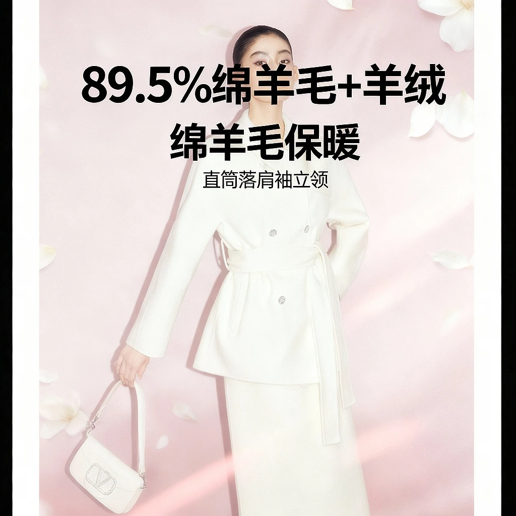 MandyZhang粉色高级绵羊毛双面呢大衣套女秋冬季气质束腰毛呢外套