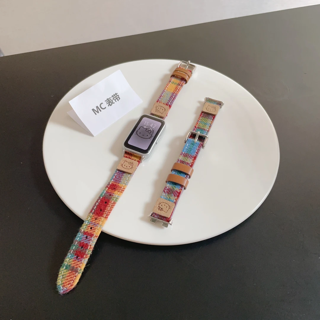 可爱KT猫适用华为手环10表带格纹华为手环98秋冬彩虹英伦风腕带