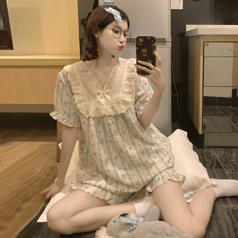 【工厂直销】夏季睡衣女薄款泡泡棉短袖可爱2025年新款家居服套装