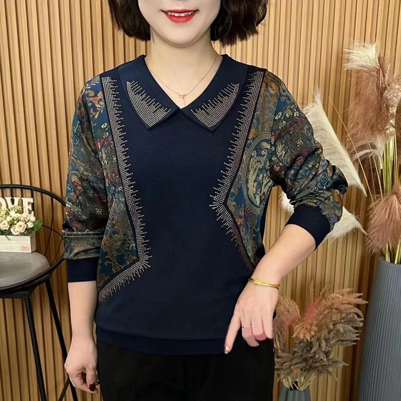 2025春秋新款中老年妈妈时尚气质T恤烫钻花袖拼接款显瘦打底衫女