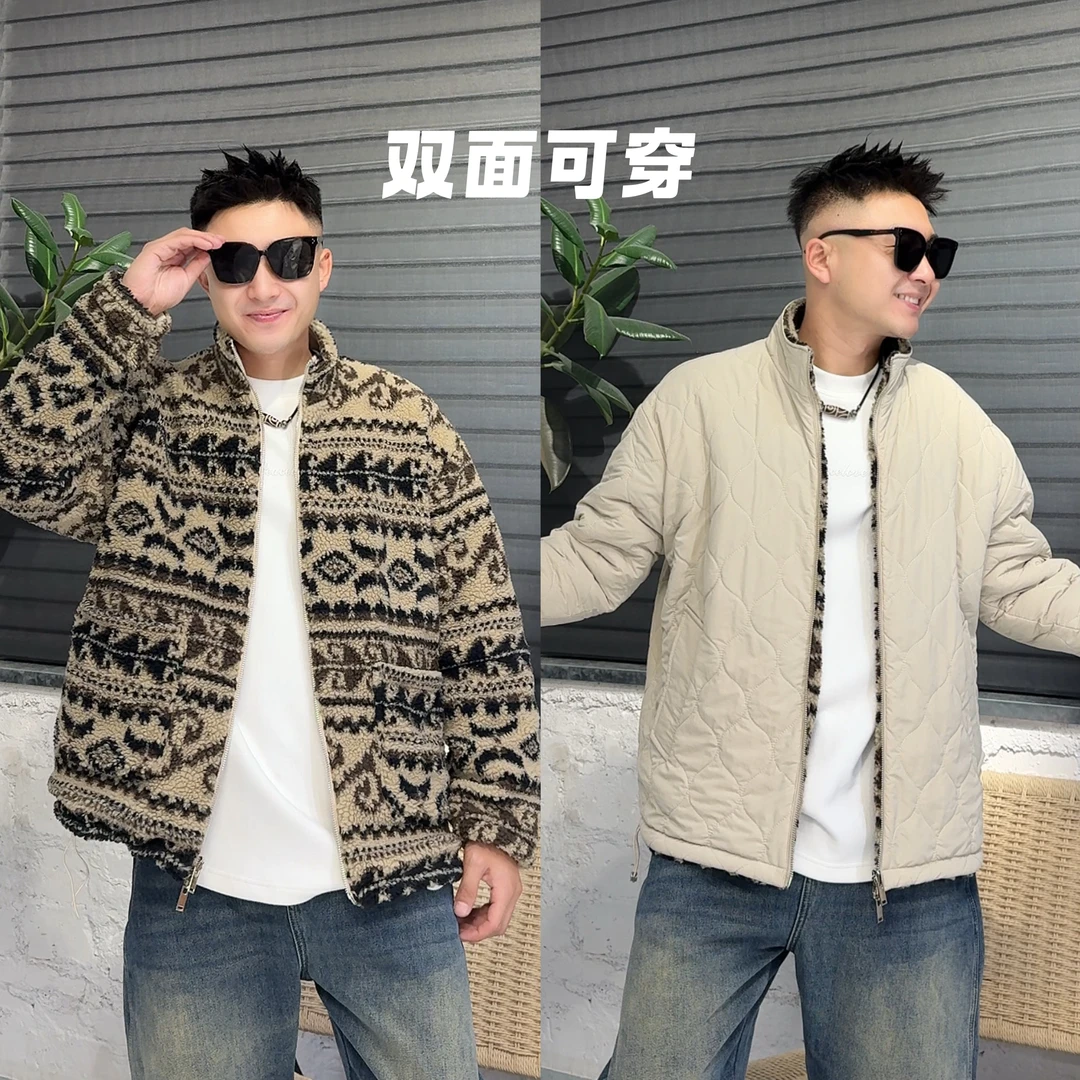 YULE语乐 25886双面可穿国风摇粒绒冬季加绒加厚立领复古花纹外套