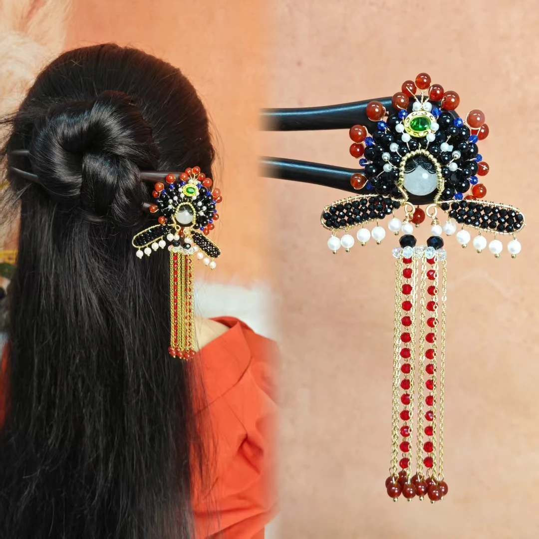 炑歌T24原创黑色帽冠刀马旦15公分双钗长流苏百搭中国风发簪