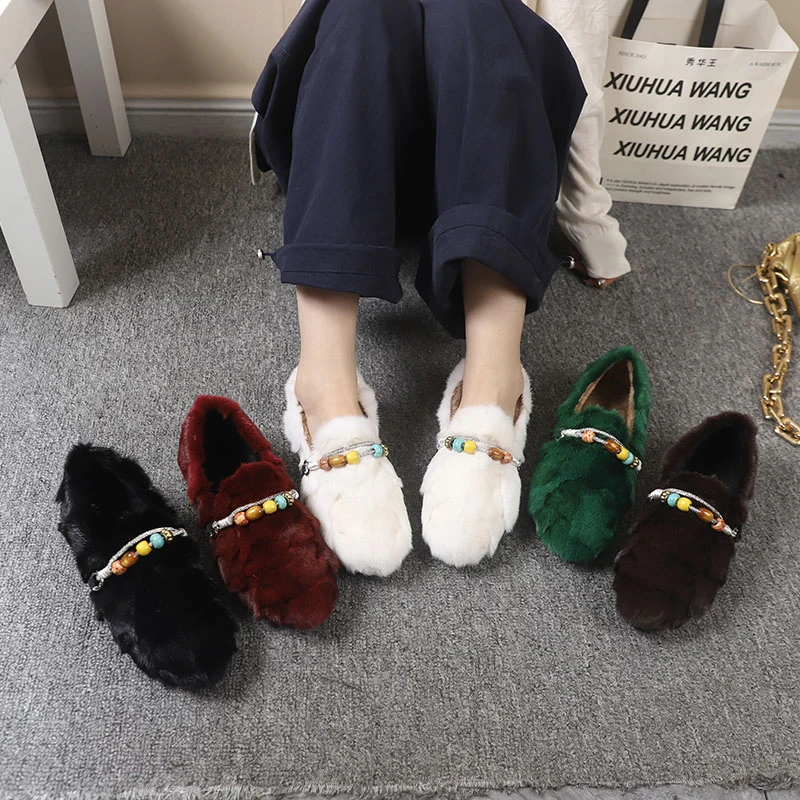 貂毛防滑厚底彩珠女冬外穿貂毛棉鞋冬季新款网红水貂毛加绒豆豆鞋