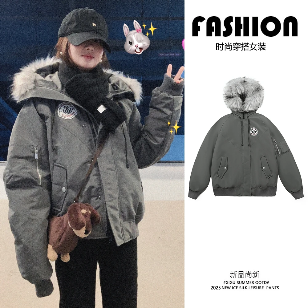 工装派克羽绒棉服女2025冬季加厚新款爆款美式复古大毛领棉衣棉袄