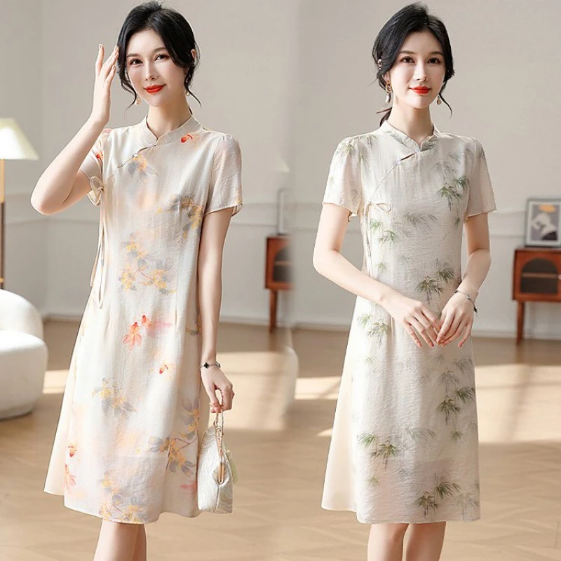 妈妈夏季棉麻旗袍裙新中式国风长裙中老年女装气质中长款连衣裙女