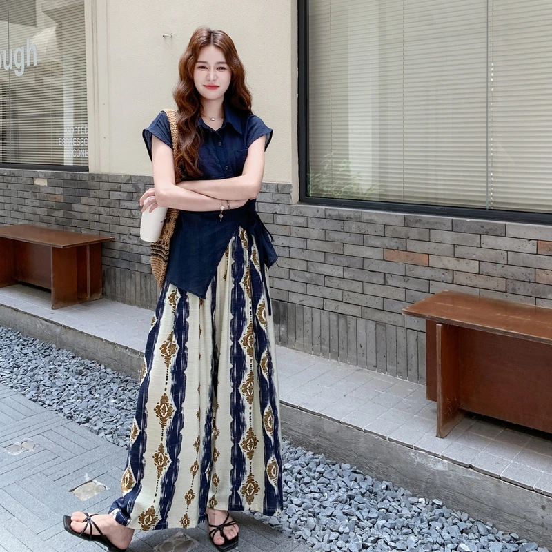 休闲风简约气质套装裤女2025夏季新款不规则衬衫花色阔腿裤两件套