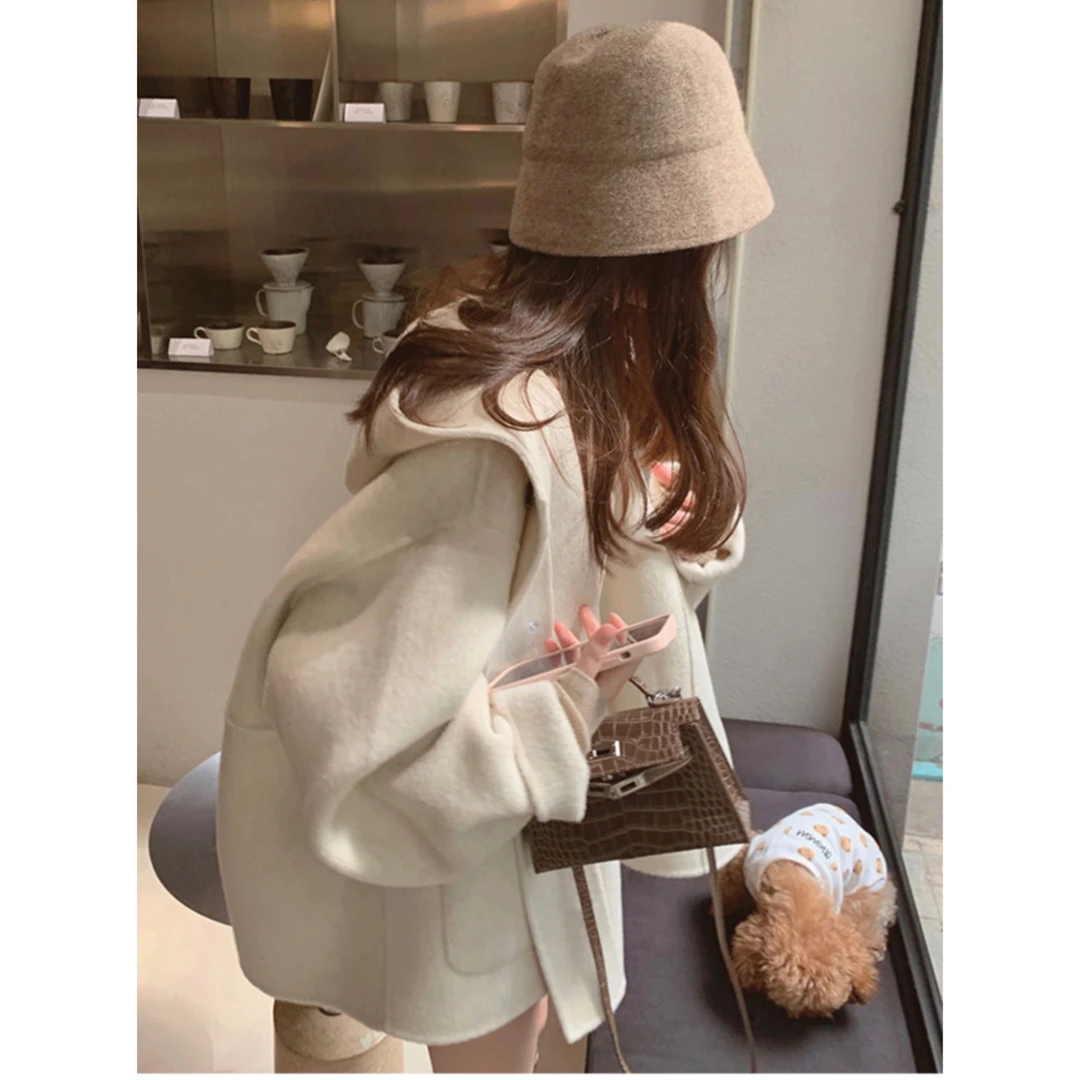 双面羊毛呢外套系带连帽气质宽松 女加厚双面外套