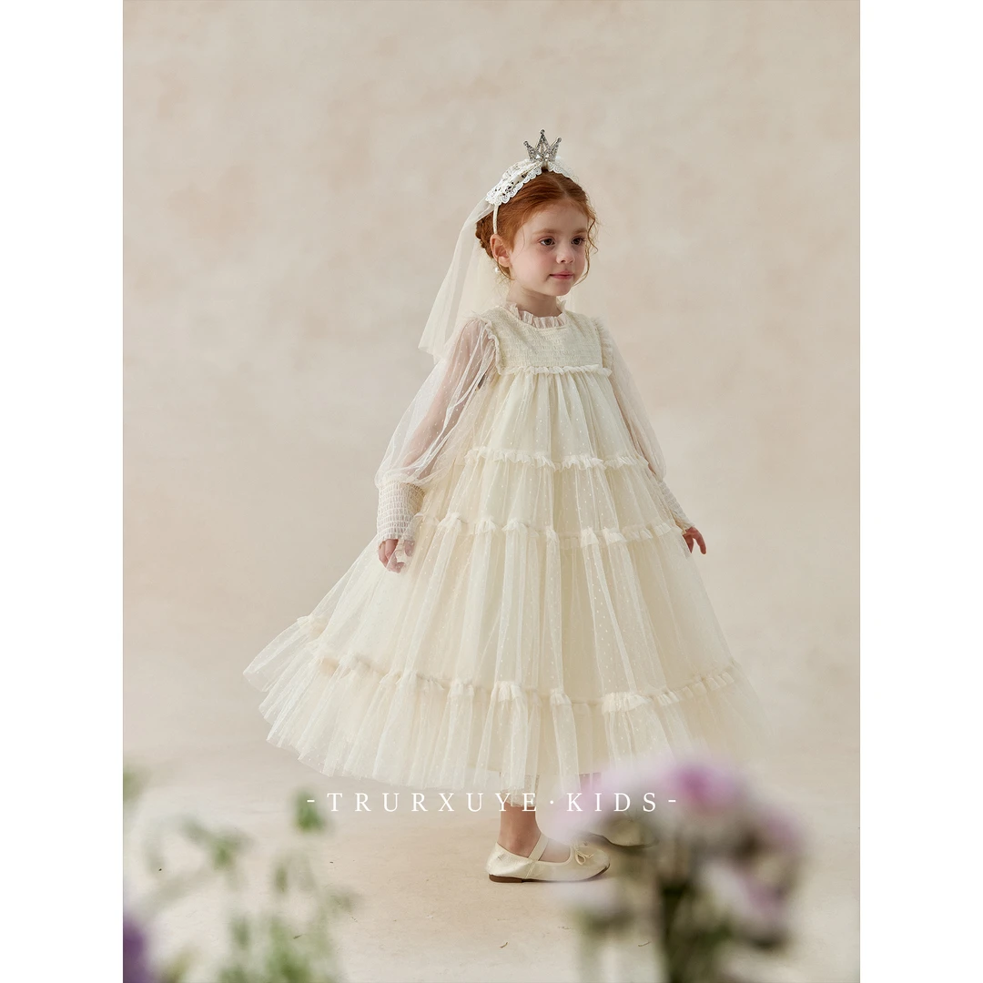初煦 女童法式点纱打揽公主裙连衣裙 气质女童蓬蓬裙大摆礼服裙