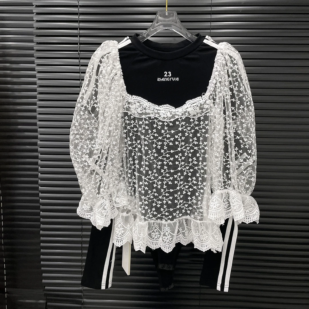 付新博女装叠穿设计两件套T恤女小众时尚泡泡袖网衫+连体T恤14005