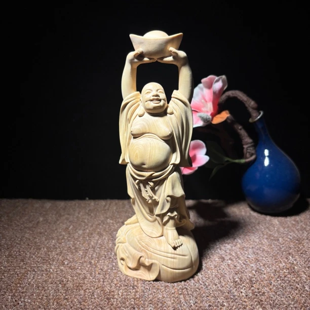 小叶黄杨木拖宝弥勒佛乔迁开张送礼收藏家居装饰摆件