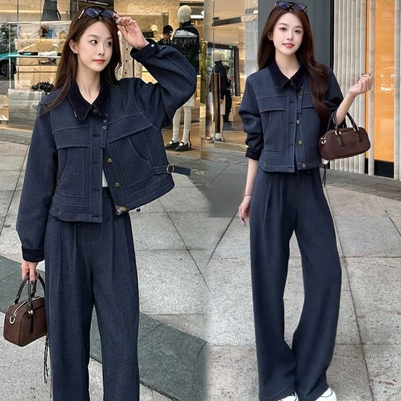 拉夏贝尔时尚套装女2025秋季洋气宽松显瘦夹克短外套阔腿裤两件套