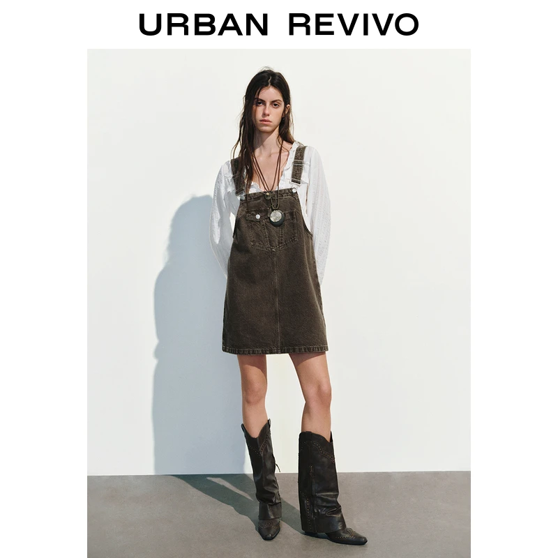 UR2025春季新款女复古休闲波嬉风可调节牛仔背带裙UYL850067