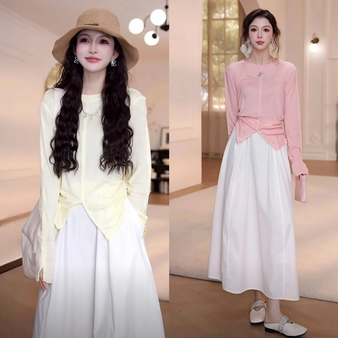 洋气衣服女夏季宽松显瘦纯色防晒长袖上衣T恤百搭半身裙气质套装