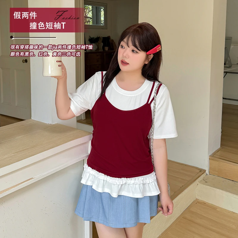 【涵胖胖】*清2025夏季新款大码胖妹妹假两件撞色短袖T恤-8912