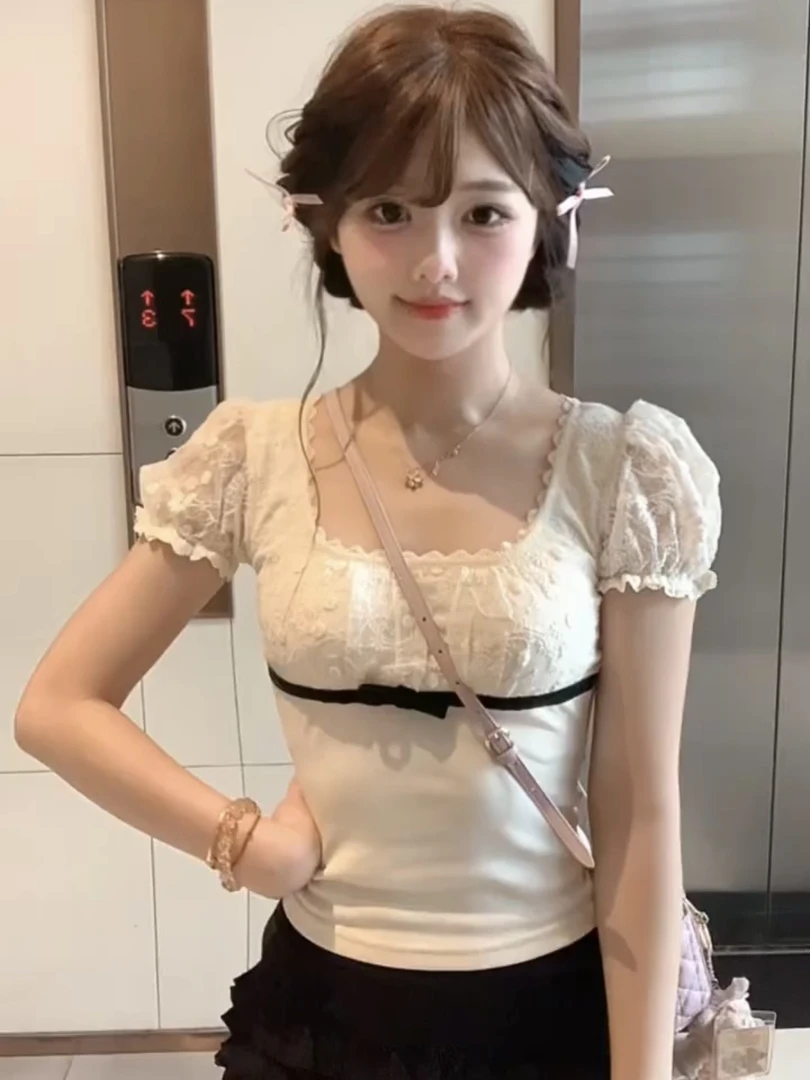 韩系甜美蕾丝拼接蝴蝶结短袖t恤女夏季高级感修身显瘦泡泡袖上衣
