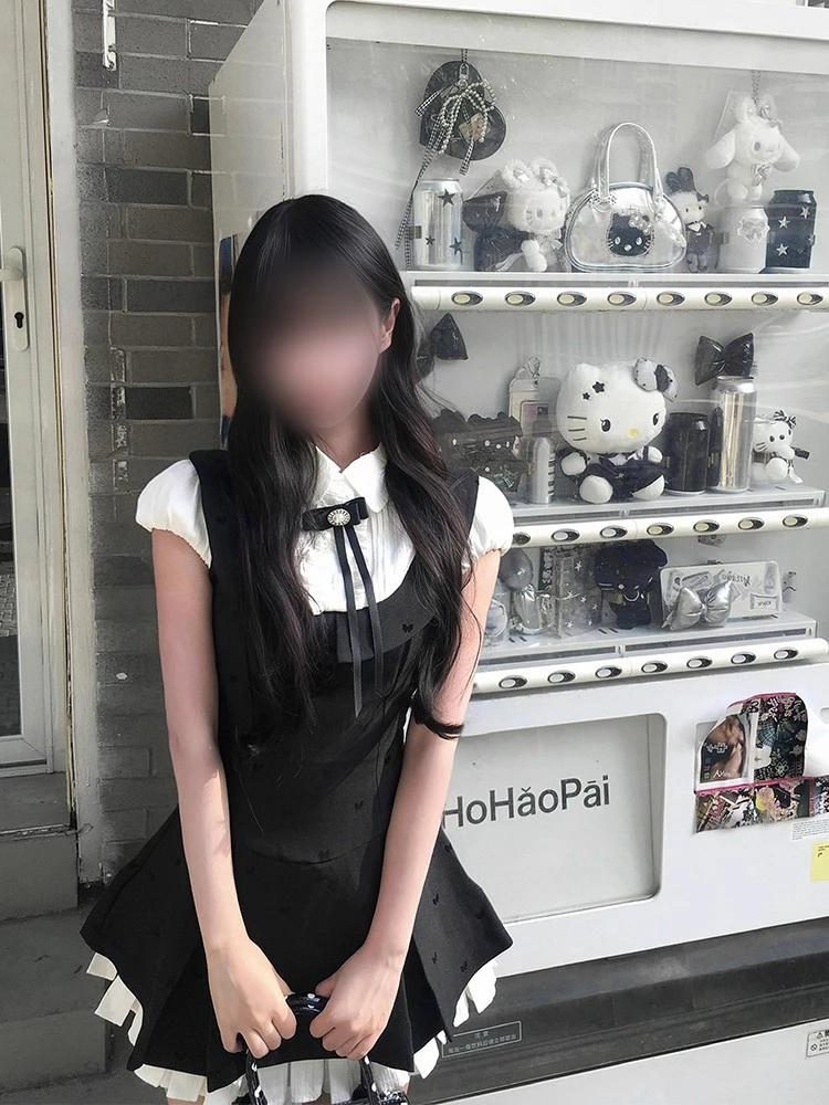 X9419韩版学院风假两件翻领连衣裙女夏富家千金风甜美收腰A字短裙