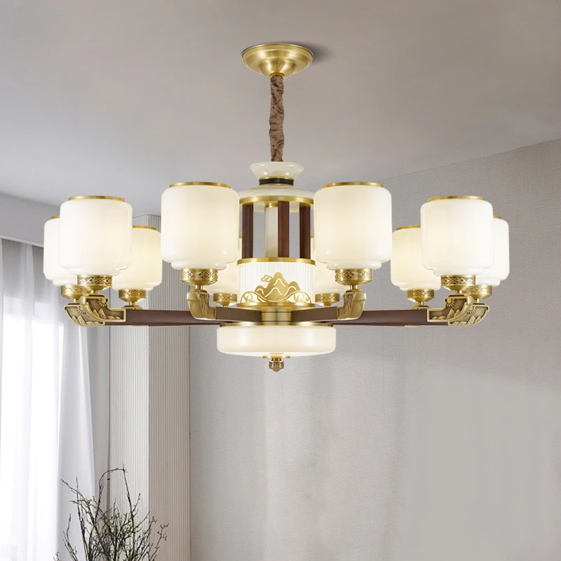 旭日东升-新中式吊灯全铜加玉石客厅高端酒店别墅灯具书房餐厅