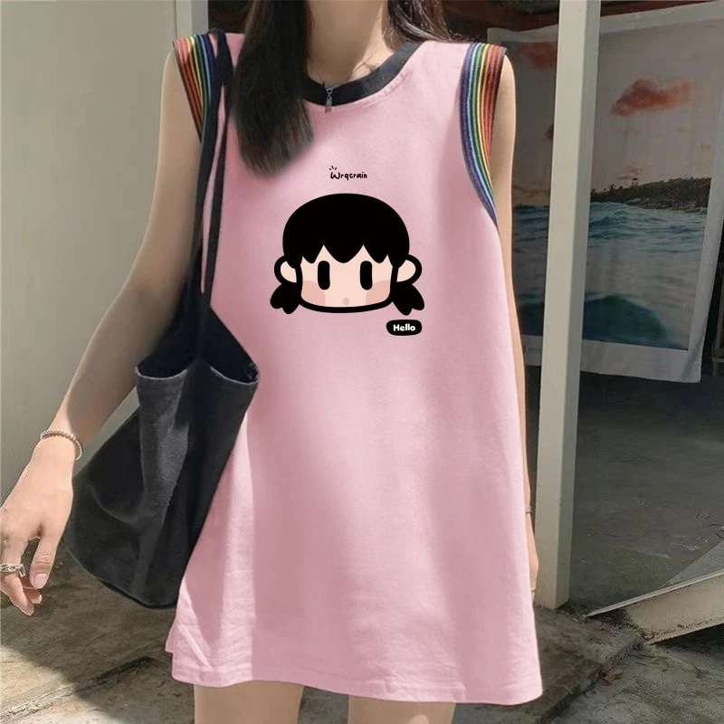 纯棉夏2025新款多巴胺无袖背心t恤女外穿宽松大码遮屁股慵懒上衣