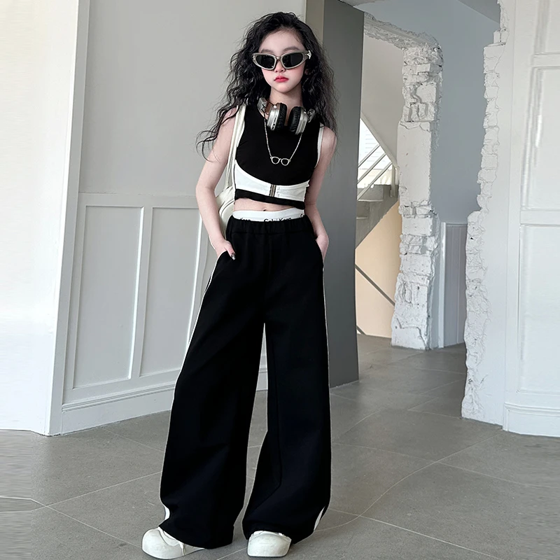【酷哒仔】女童拼色背心拉条裤子2025夏季中大童潮酷范儿韩儿童