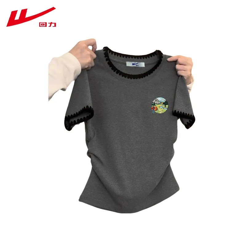 回力夏季夏装棉短袖T恤艺术印花小众圆领女修身短款辣妹多巴胺