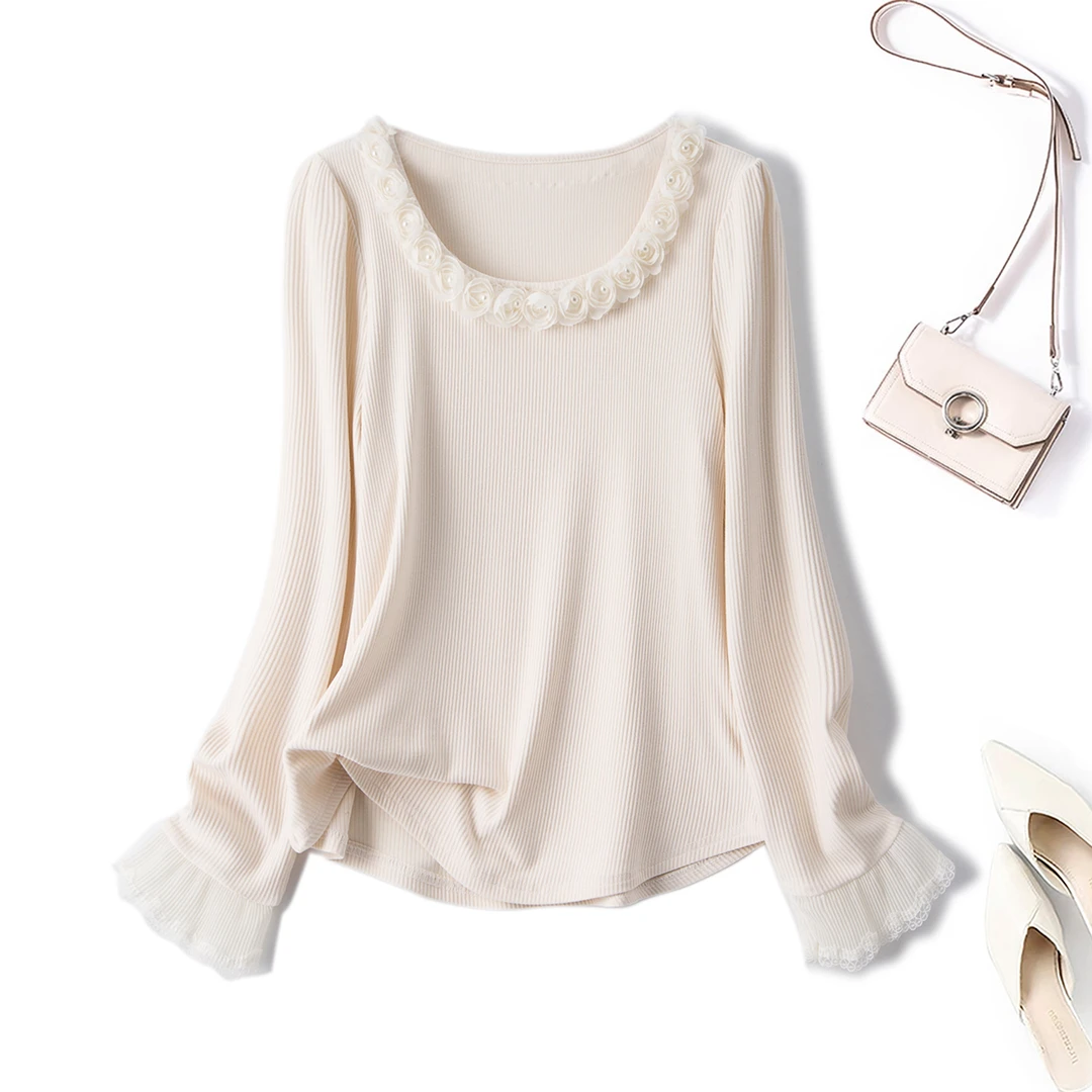 【小云总】清韩系温柔风气质打底衫2025春季花瓣领长袖T恤上衣64196