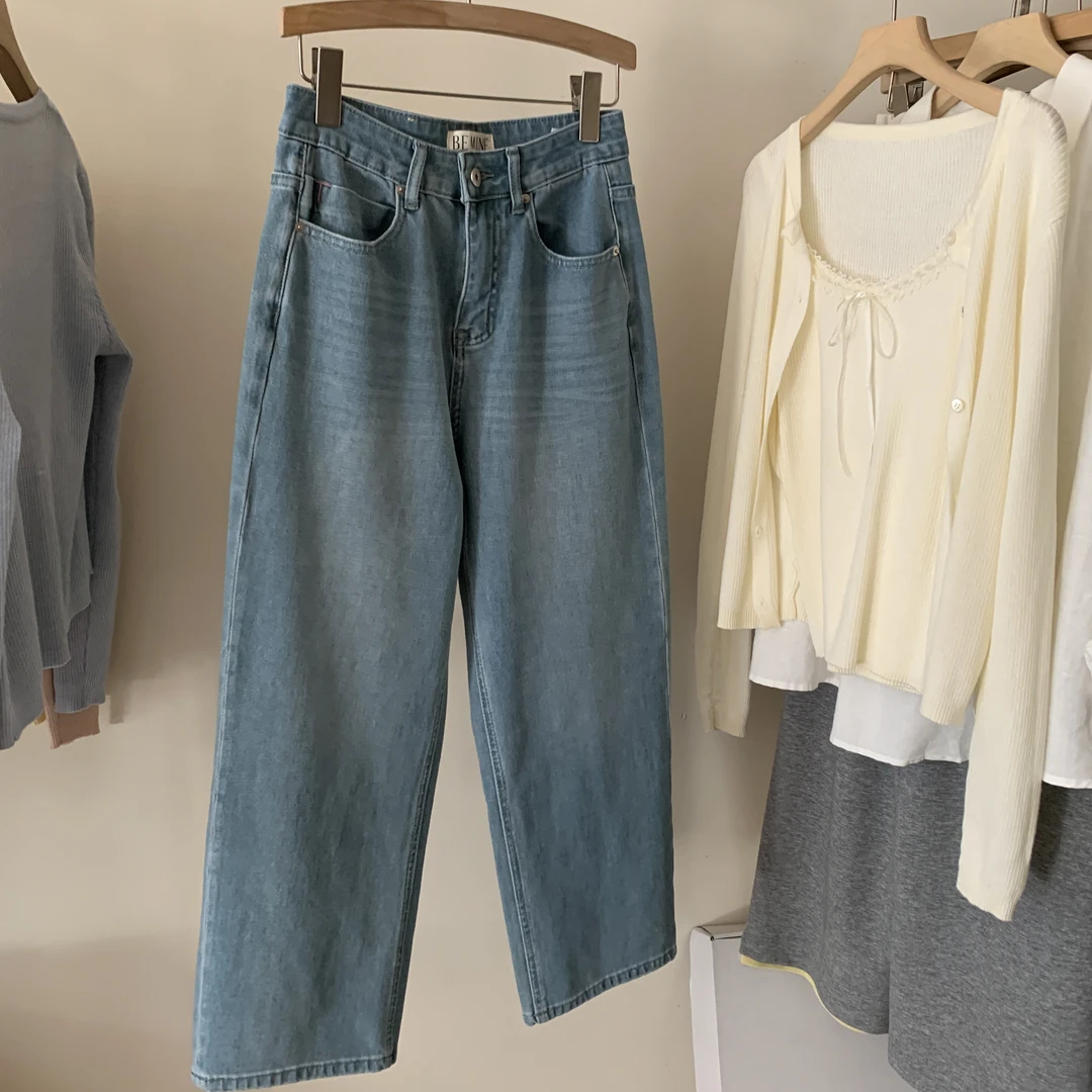 春款 宽松 百搭 简约 显瘦 法棍 直筒 浅蓝色牛仔裤