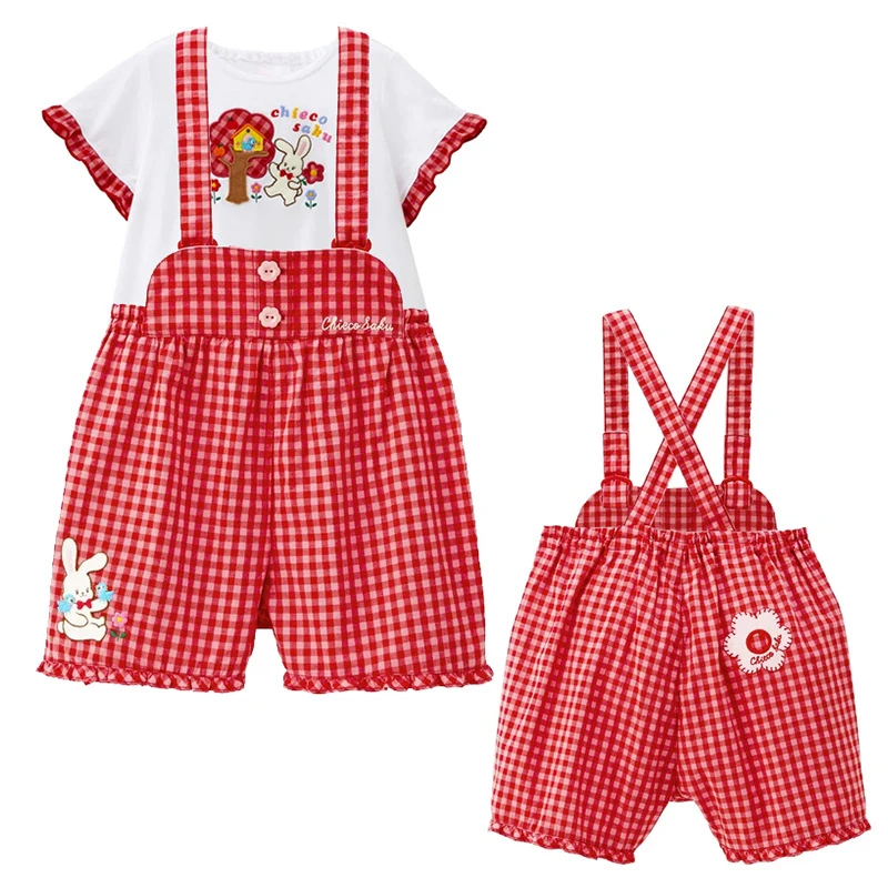 女童卡通可爱cs富贵兔花朵刺绣红格子背带裤【短裤】